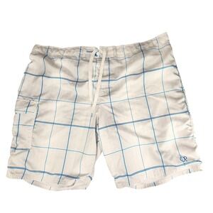 OP Ocean Pacific Board Shorts 3XL 48-50 Men‎ Plaid Swim Trunks White Blue Mesh